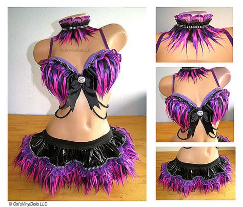 Sexy Cheshire Cat Rave Outfit Bra, Skirt and Collar, Purple Pink Black Monster Fur Cheshire Cat Cosp Rainbow Rave Outfit, Cheshire Cat Cosplay, Edm Outfit, Cosplay Cat, Purple Monster, Black Monster, Costume Bra, Fur Leg Warmers, Catwoman Cosplay