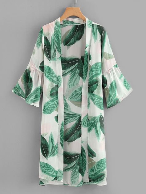 Leaf Print Flounce Sleeve Kimono -SheIn(Sheinside) Pola Jaket, Kimono Online, Kimono Outfit, Mode Kimono, Winter Pants, Womens Kimono, Print Kimonos, Flounce Sleeve, Kimono Cardigan