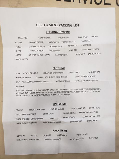 Deployment Packing List, Deployment Checklist, Deployment Letters, Navy Deployment, Leave Format For Military, Military Format For Woman, Navy Bootcamp, Spades Tattoo, Air Force Basic Training