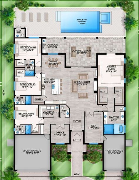 Coastal Plan: 3,387 Square Feet, 4 Bedrooms, 5 Bathrooms - 207-00113 Pool House Layout, Beach House Layout, Transitional Homes, Comfy Room, Nice Houses, Florida House Plans, Architecture Blueprints, Interior Floor Plan, Coastal House Plans