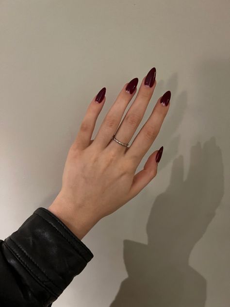 Half Moon Manicure Red, Dark Red Half Moon Nails, Burgundy Half Moon Nails, Almond Half Moon Nails, Half Inch Nails, Red Half Moon Almond Nails, Reverse French Manicure Half Moons, Half Moon French Nails, Reverse French Nails Half Moon Manicure