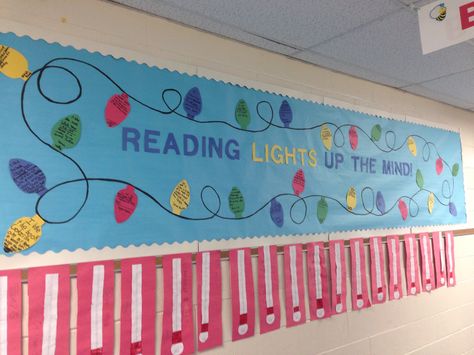 Reading Lights Up The Mind bulletin board - students wrote their favorite book and one reason why they liked the book on a lightbulb to make a string of lights Library Decorations, Elementary Bulletin Boards, Reading Bulletin Boards, Weather Unit, Library Bulletin Boards, String Of Lights, Reading Lights, Library Displays, Library Decor