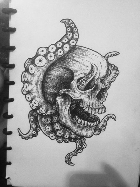 The Kraken Drawing, Scary Octopus Drawing, Octopus Sketches, Creepy Octopus, Pirate Mermaid Tattoo, Kraken Drawing, Octopus Sketch, Octopus Skull, Octopus Drawing