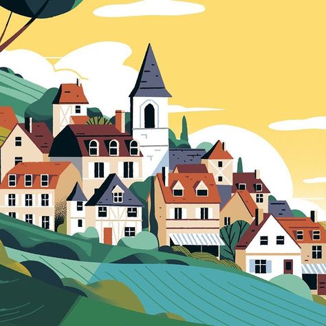 Little French village. A drawing for UNOFI the French financial notaries. . . . @colagene.clinique.creative #unofi #frenchvillage… Town Illustration Buildings, Village Illustration, Drawing Ipad, Europe Street, Baby Logo Design, French Village, Limited Palette, Happy Farm, Abstract City