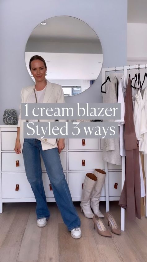 1 cream blazer styled 3 ways | 1 cream blazer styled 3 ways 💪🏻 What’s more your style look 1, 2 or 3? 🤔 If you ever needed a reason, or 3 ways everyone needs a cream blazer in their... | By Tess Montgomery | Facebook Style Cream Blazer, Cream Blazer Outfit Winter, Cream Blazer Outfits For Women Casual, Blazer Cream Outfit, How To Style A Cream Blazer, Cream Oversized Blazer Outfit, Cream Cropped Blazer Outfit, Classic Cream Winter Blazer, Classic Long Sleeve Cream Blazer