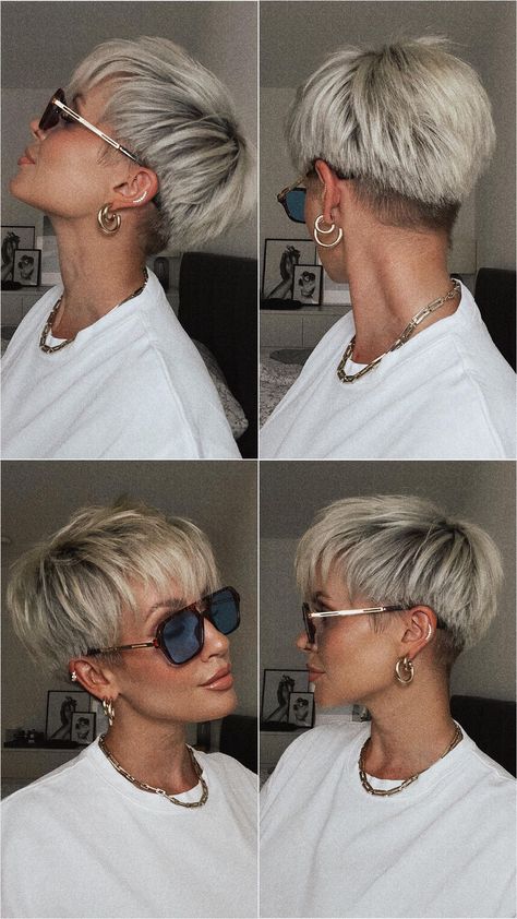 Madeleine Schön | Ich liebe dieses Produkt so sehr, weil es meinem Haar eine edle Kühle verleiht OHNE sie auszutrocknen🫶🏽 Keiner steht auf Stroh auf dem… | Instagram Short Blonde Hair Pixie, Short Bleach Blonde Hair, Pixie Cut Blonde Hair, Pixie Blonde Hair, Blonde Asian Hair, Very Short Bob Hairstyles, Selfie Sunday, Short White Hair, Short Silver Hair