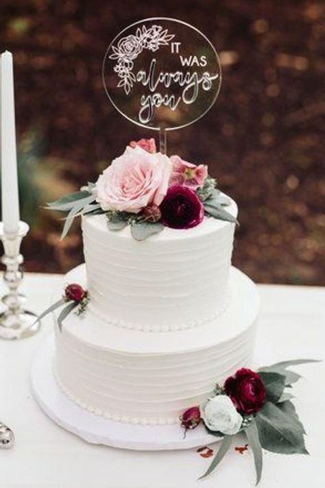 Wedding Cakes Two Layers, Wedding Cakes With Burgundy Flowers, Wedding Cake Flower Toppers, Small Two Tiered Wedding Cake, Simple 3 Tier Wedding Cake With Flowers, Cake Topper With Flowers, Simple Two Layer Wedding Cake, Small Wedding Cakes Two Tier, Two Teir Wedding Cake Elegant