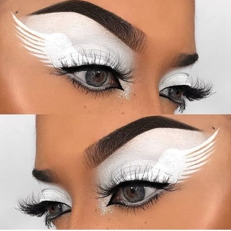 angel makeup looks Simple Angel Makeup, Angel Wings Eyeliner, Angel Halloween Makeup, Makeup Looks For Halloween, Owl Makeup, Ice Makeup, Competition Makeup, Cat Halloween Makeup, Angel Makeup