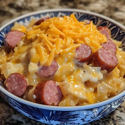 Anna Olson Recipes 🍰🌮🍝 | Cheesy Sausage Hashbrown Bake | Facebook Hashbrown Bake, Cheesy Hashbrown Bake, Cheesy Hashbrown, Frozen Hash Browns, Smoked Sausage Recipes, Sausage Hash, Cheesy Hashbrowns, Kielbasa Recipes, Oktoberfest Food