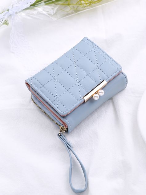 Baby Blue Fashionable Collar  PU Leather Quilted Small Wallet Embellished   Women Bags Cute Small Purse, Cute Wallet, Wallet Cute, Purple Quilts, Cute Wallets, Blue Wallet, Pearl Decor, Women Wallet, Gift Business