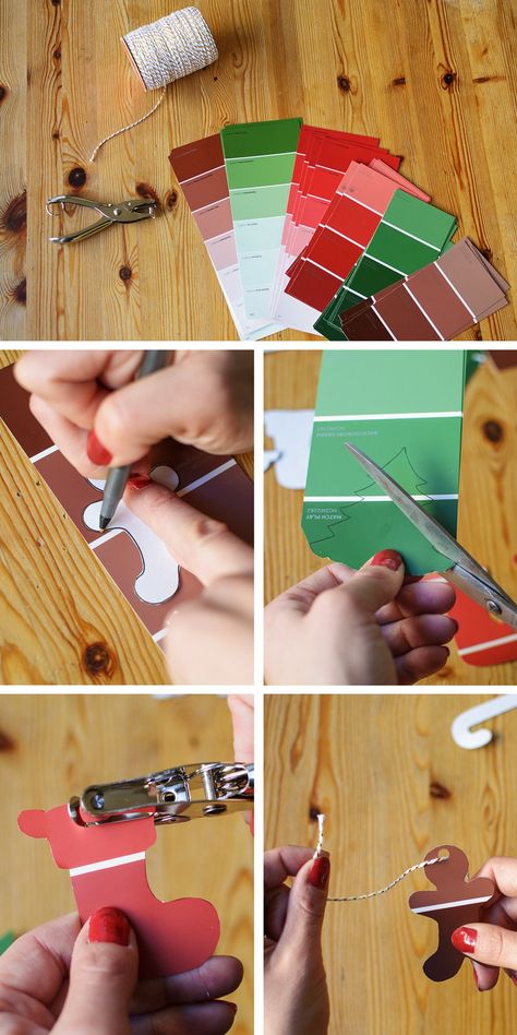 Paint Sample Crafts, Paint Chips Diy, Paint Samples Crafts, Paint Sample Cards, Paint Chip Crafts, Paint Chip Art, Chip Art, Diy Christmas Garland, Easy Christmas Ornaments