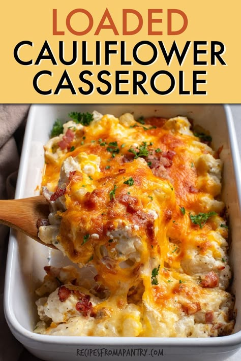 Savor the richness of this easy loaded cauliflower casserole! Flavorful cauliflower casserole is an irresistible twist on a classic comfort food. This is a low-carb casserole featuring steamed cauliflower, crispy bacon, creamy cheeses, and a medley of savory spices. Easy to make and totally customizable, this one-pan creamy cauliflower bake is perfect for a cozy family dinners, potlucks, or other gatherings. Click through to get this awesome Loaded Cauliflower Casserole recipe!! #casserole Low Salt Low Carb Recipes, Vegetable Medley Recipes, Cauliflower Bacon Casserole, Pantry Staple Meals, Loaded Mashed Cauliflower, Cauliflower Muffins, Keto Cauliflower Casserole, Baked Cauliflower Casserole, Staple Meals