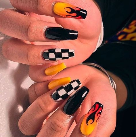 Drag Racing Nails, Race Car Theme Nails, Bike Week Nails, Motorcycle Nails Designs, Concert Nail Designs, Racer Nails, Ktm Nails, Race Nails Designs, Race Car Nails Designs