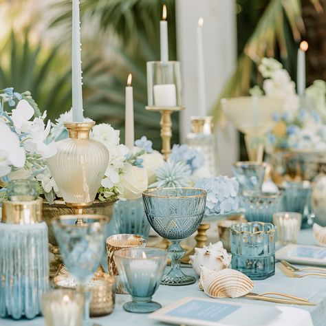 Coastal Seaside Summer Centerpieces - Blue, White and Gold - with Candles and Hydrangeas Seaside Table Decor, Coastal Table Centerpiece, Nautical Table Setting, Coastal Centerpiece Ideas, Coastal Tablescapes, Coastal Blue Wedding, Coastal Wedding Reception, Coastal Centerpiece, Centerpieces Blue