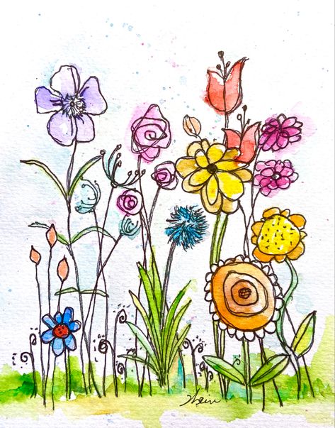 Wild Flower Drawing Doodles, Wild Flower Doodles Easy, Watercolor Flowers With Pen Outline, Whimsical Flowers Doodles, Messy Watercolor Flowers, Whimsical Art Drawings, Monoprint Art, Watercolor Fabric, Doodle Art Flowers