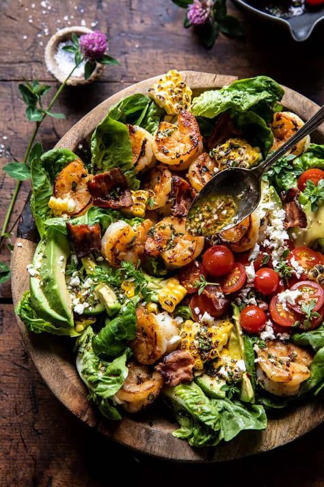 Half Baked Harvest Shrimp, Salad Station, Shrimp Corn, Honey Garlic Shrimp, Fun Meals, Half Baked Harvest Recipes, Green Salads, Bacon Salad, Food Mood