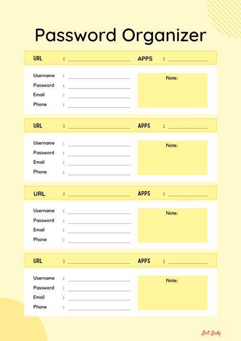 Yellow Minimalist Password Organizer Password Game Word List, Password Tracker Template, Password Tracker Printable, Internet Slang, Printable Password Tracker, Yellow Minimalist, Bullet Journal Password Page, Good Passwords, Password Organizer