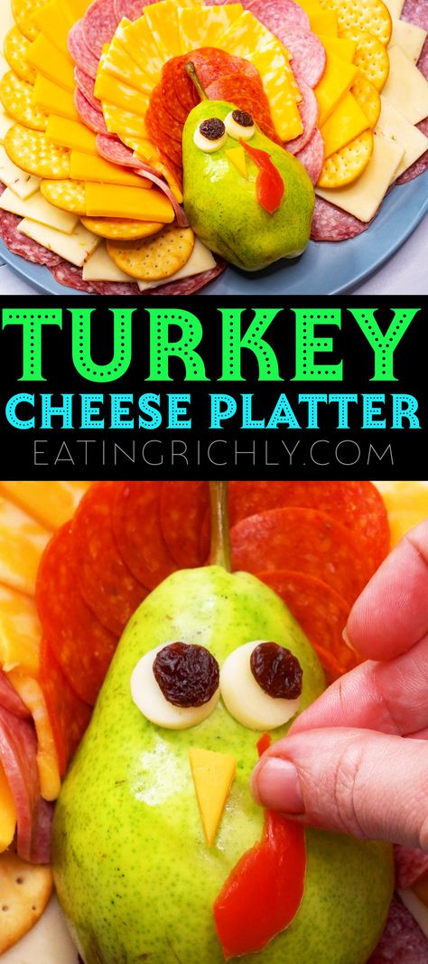 This turkey cheese platter is the cutest thanksgiving appetizer! Rows of cheese, salami, pepperoni, and crackers are arranged into a kid friendly charcuterie board that is as much fun to make as it is to eat. #thanksgivingactivities #ediblecrafts #thanksgivingcrafts #thanksgivingdiy #thanksgivingappetizer #appetizerrecipes #cheesboard #charcuterieboard #grazingboard #cheesetray #cheeseplatter #cutefood #foodart Thanksgiving Meat And Cheese Board, Turkey Cheese Platter, Kid Friendly Charcuterie Board, Turkey Cheese Tray, Turkey Board, Thanksgiving Cheese Boards, Easy Thanksgiving Appetizer, Cheese And Cracker Platter, Thanksgiving Party Food