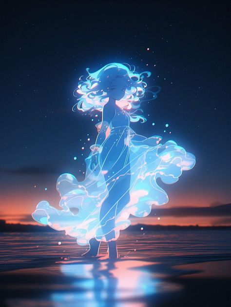 Glowing Water Art, Glowing Hair Drawing, Glowing Person Art, Person In Water Drawing, Glowing Person, Arte Aries, Angel Drawing, Fantasy Images, Dreamy Art