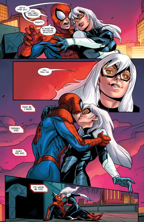 The first kiss between Spider-Man and Black Cat of Earth-1048. Felicia ends up stealing something more precious than little shiny rocks that fateful evening. | [Hallum, Dennis. (w), Luca Maresca (a), and Rachelle Rosenberg (c).] Marvel's Spider-Man: The Black Cat Strikes (2020) #1 (Jan. 2020), [Marvel Comics]: 18. | Airworthy Comics Spider Man Kiss, Spider Man And Black Cat Wallpaper, Black Cat X Spiderman, Black Cat Kisses Spiderman, Spiderman And Black Cat, Spider Man Comic, Spiderman And Felicia, Spiderman X Black Cat, Spiderman And Blackcat