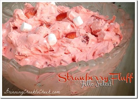 Strawberry Fluff Salad. 1 large package sugar free Cook and Serve vanilla pudding 1 large package sugar free Strawberry Jell-o 2 cups water 1 16 oz Cool-Whip (lite or fat-free) 1/2 bag mini marshmallows 1 pint fresh strawberries cut into bite size pieces Fluff Jello Salad, Strawberry Fluff Salad, Fruit Jello, Jello With Fruit, Strawberry Fluff, Fluff Salad, Jello Desserts, Strawberry Jello, Jello Salad