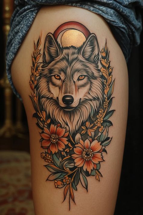 wolf 32 Hip Wolf Tattoos Women, Native Fox Tattoo, Bear Feminine Tattoo, Wolf Tattoo With Dream Catcher, Mother Son Wolf Tattoo, Husky Portrait Tattoo, Fox Tattoo With Flowers, Wolf Thigh Tattoo For Women, Wolf Tattoo On Thigh