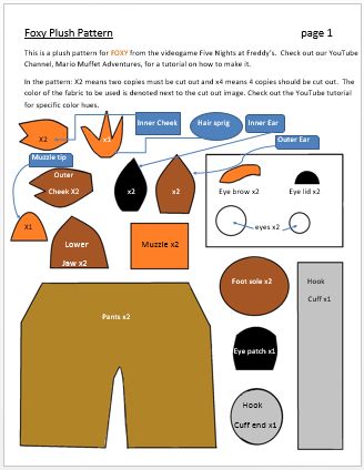 FNAF Foxy Plush Pattern page 1 by MarioMuffetAdventure.deviantart.com on @DeviantArt Fnaf Sewing Patterns, Fnaf Foxy Plush, Foxy Plush, Foxy Fnaf, Regalos Diy, Freddy Plush, Fnaf Crafts, Fnaf Foxy, Fnaf 2