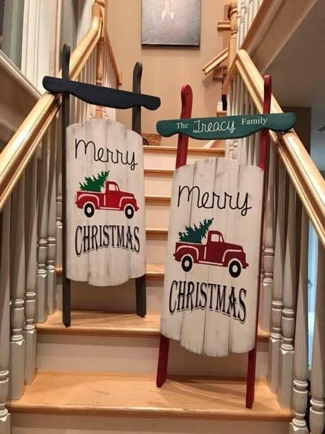 Wooden Sleds Christmas Decor Diy, Wooden Sleds Christmas Decor, Wooden Sleigh Christmas Decor, Christmas Sleigh Diy, Wooden Christmas Sleigh, Diy Dollar Tree Christmas Crafts, Dollar Tree Christmas Crafts, Christmas Sled Decoration, Christmas Sleigh Decorations