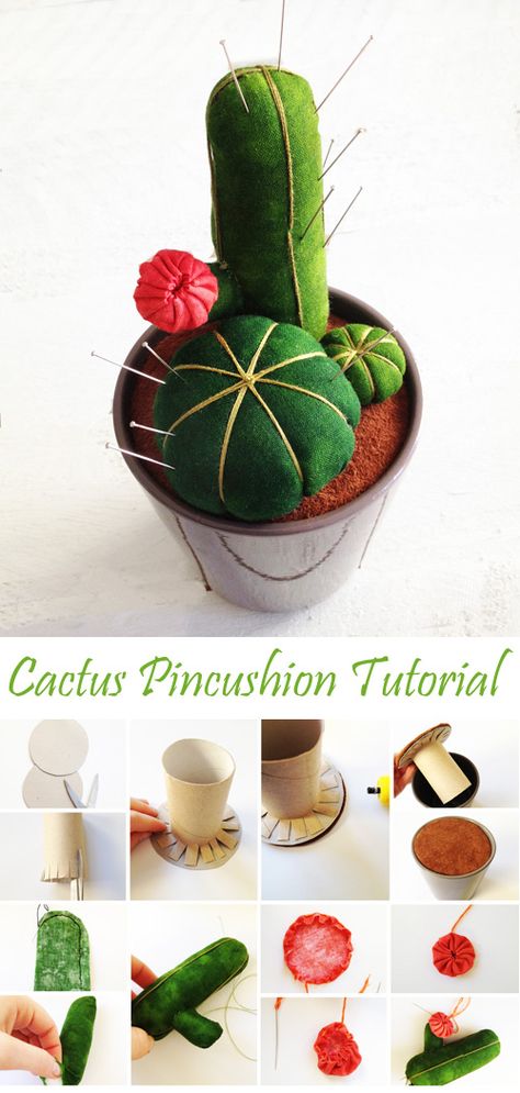 Create a pin cushion shaped as a cactus to put your pins and needles with fabric glue. Feel like making a cactus? Needle Cushion Diy, Cactus Pin Cushion Pattern, Fabric Succulents Diy, Cute Pin Cushion Ideas, How To Make Pin Cushions, Diy Pin Cushion Easy, Pin Cushion Ideas, Pin Cushion Diy, Cactus Pin Cushion