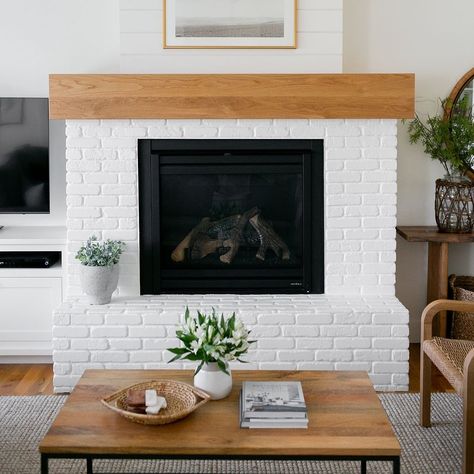 Builder Grade Fireplace, Oak Mantle, Brick Fireplace Makeover, Built In Cabinet, Reclaimed Brick, Builder Grade, Brick Veneer, White Wall Decor, Fireplace Surround