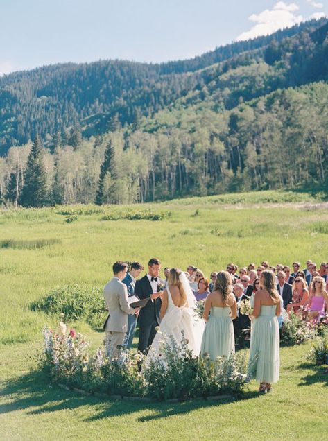 Summer Wedding In The Mountains, Formal Mountain Wedding, Outdoor Wedding Benches, Mountain Backyard Wedding, Outdoor Farm Wedding Ceremony, Whimsical Mountain Wedding, Classy Farm Wedding, Flower Meadow Wedding, Field Wedding Ceremony