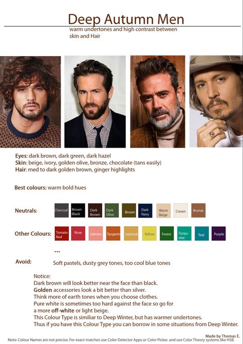 Colors For Cool Skin Tones Fashion, Colour Palette For Men, Men Clothing Color Palette, Men Colour Palette, Dark Autumn Mens Fashion, Dark Autumn Color Palette Men, Warm Skin Tone Clothes, Deep Winter Color Palette Men, Deep Autumn Mens Fashion