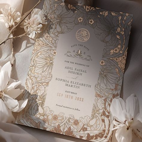 Embrace timeless elegance with our Save the Date wedding cards featuring the renowned Pimpernel pattern by William Morris, masterfully rendered in vintage hues of cream white, beige, and accented with real foil. William Morris, a figurehead of the Arts and Crafts Movement, believed in the beauty of handcrafted designs and the harmonious interaction of color and pattern. His iconic Pimpernel pattern, characterized by its entwining foliage and delicate florals, has endured through the decades, emb Interaction Of Color, Through The Decades, Elegance Wedding, Traditional Wedding Invitations, Foil Wedding Invitations, Color Wedding, Foil Invitations, Vintage Wedding Invitations, Vintage Color