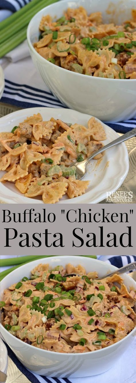 Creamy Buffalo "Chicken" Pasta Salad | by Renee's Kitchen Adventures - easy recipe for a vegetarian buffalo "chicken" pasta salad great for summer parties or tailgating parties. Also a great potluck recipe. Made with MorningStar Farms®️ Buffalo Wings. #TailgateWithaTwist #shop #pastasalad #buffalochicken #vegetarian Buffalo Pasta Salad Cold, Buffalo Chicken Pasta Without Cream Cheese, Buffalo Wild Wing Pasta, Buffalo Wild Wing Garlic Parmesan Chicken Pasta, Healthy Buffalo Chicken Pasta Bake, Buffalo Chicken Pasta Salad, Chicken Pasta Salad Recipes, Layered Salad Recipes, Creamy Pasta Salads