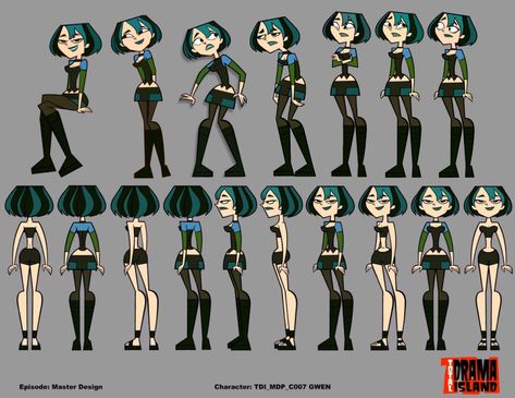 Total Drama Concept Art, Animation Model Sheets, Total Drama Character Design, Total Drama Outfits, Total Drama Island Gwen, Total Drama Gwen, Gwen Total Drama, Total Drama Oc, Cartoon Crushes