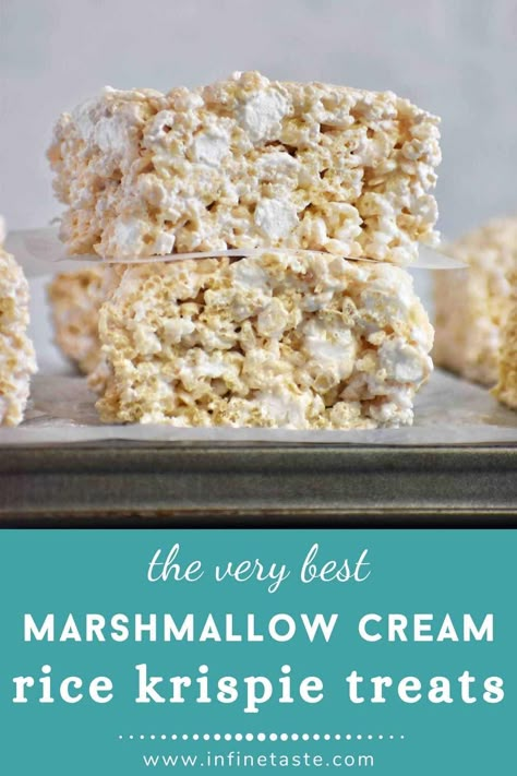 Marshmallow Creme Rice Crispy Treats, How To Make Rice Krispie Treats With Marshmellow Cream, Rice Krispie Treats Marshmallow Creme, Marshmallow Cream Rice Krispie Treats, Buttery Rice Crispy Treats, Rice Crispy Treats With Marshmello Fluff, Rice Crispy Treats With Fluff, Rice Krispie Treats With Marshmallow Cream, Rice Krispie Treats Marshmallow Fluff