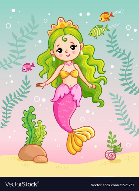 Mermaid Cute Drawing, Mermaid Drawing For Kids, Mermaid Cartoon Drawing, Cute Mermaid Drawing, Cute Mermaid Art, Mermaids Drawing, Cute Vector Illustration, Fish Cute, Mermaid Drawing