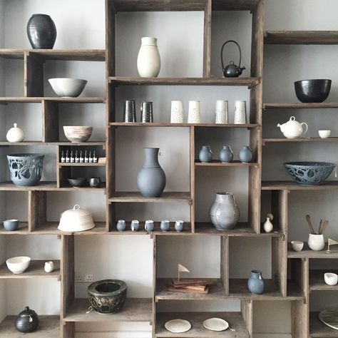 “Ah, now that's the way I like to see the shop...full of new work and freshly organized!  A friend of mine, Neil (who built these shelves with…” Pottery Display, Happy Kitchen, Ceramic Shop, Pottery Shop, Creative Living, Ceramic Studio, Minimalist Interior, Inspired Homes, Display Shelves