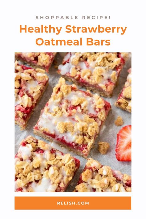 Easy strawberry oatmeal bars with butter crumb topping. Simple ingredients and 100% whole grain! Save this recipe and other favorites, build meal plans, create your shopping list, and even order the ingredients now, all over at relish.com! Oatmeal Bars Healthy, Oatmeal Bars Recipes, Strawberry Oatmeal Bars, Healthy Fruit Desserts, Dessert Halloween, Fresh Strawberry Recipes, Strawberry Oatmeal, Strawberry Dessert Recipes, Healthy Strawberry