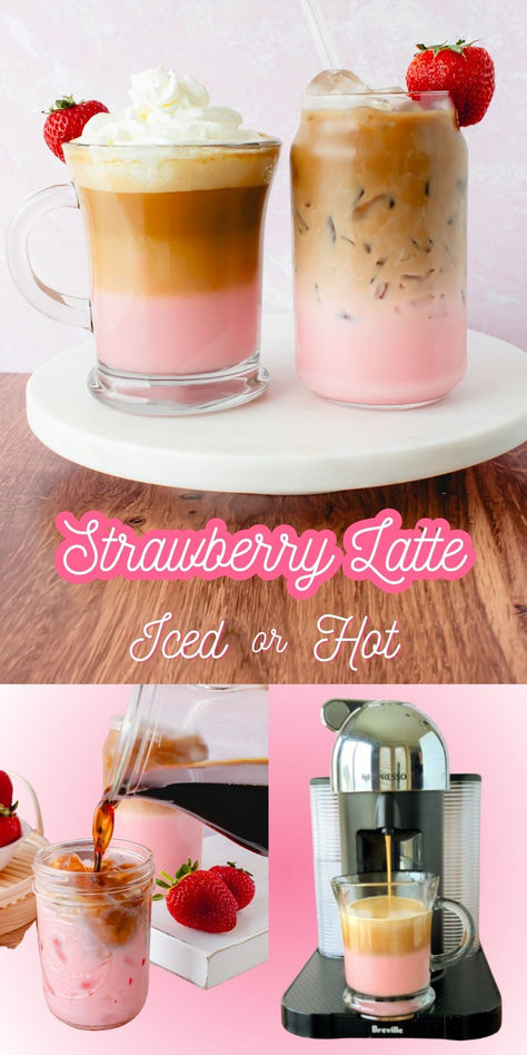 Indulge in the perfect balance of sweetness and caffeine with this delicious strawberry latte recipe. This pink velvet macchiato coffee is perfect for a cozy morning at home or a mid-day pick-me-up. Enjoy a hot strawberry latte or an iced strawberry latte at home today! Strawberry Coffee Recipes, Cafe Drink Menu Ideas, Chocolate Covered Strawberry Latte, Coffee And Food Pairing, Maple Coffee Recipes, Iced Latte Flavor Ideas, Coffe Ideas Drinks At Home, Coffee Shop Coffee Recipes, Strawberry Iced Latte