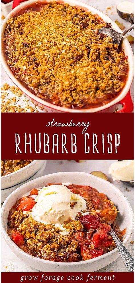 Learn how to make strawberry rhubarb crisp with this simple guide, a delicious addition to any collection of strawberry recipes. The perfect balance of tart rhubarb and sweet strawberries, topped with a golden oatmeal crumble, makes this the ultimate spring dessert. Discover more delightful strawberry desserts and easy recipes at growforagecookferment.com Golden Oatmeal, Graham Wafer Crust, Oatmeal Crumble, Easy Spring Recipes, Oatmeal Crisp, Rhubarb Syrup, Strawberry Crisp, Edible Flowers Recipes, Strawberry Rhubarb Crisp