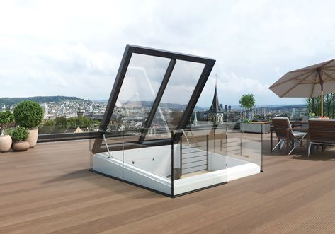 Image 1 of 6 from gallery of Flat Roof Access Hatch Comfort Square | LAMILUX. Roof Hatch Ideas, Roof Access Hatch, Flat Roof Skylights, Roof Hatch, Roof Edge, Public Architecture, Roof Construction, Glass And Aluminium, Roof Window