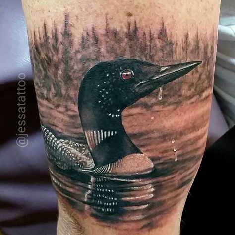 Beautiful duck tattoo by Jessa Duck In Water Tattoo, Loons Tattoos, Loon Tattoo Ideas Design, Loon Tattoo Ideas, Duck Tattoo Ideas, Loon Tattoo, Fisherman Tattoo, Minnesota Tattoo, Maine Tattoo