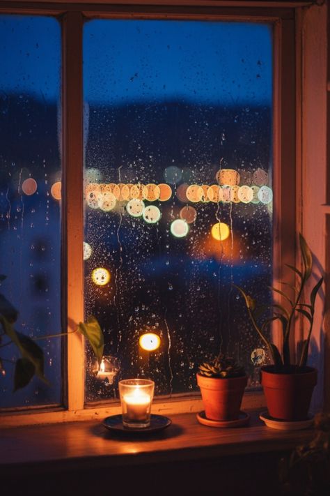 A cozy window scene on a rainy night, featuring a candle and plants on the windowsill, with raindrops on the glass and city lights softly blurred in the background. Books Outside, Rainy Window, Through A Window, Blurred Lights, Rainy Night, Soft Focus, Small Table, Light Painting, City Lights