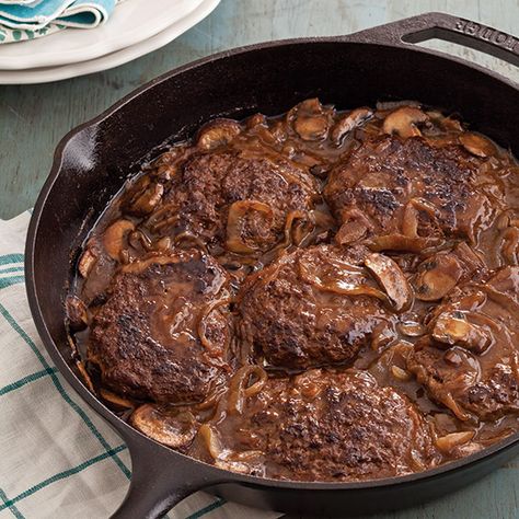 Let the sizzle of this hearty hamburger steak cooking in the skillet call your family to the dinner table. Hamburger Steak Recipes, Hamburger Steak And Gravy, Hamburger Steaks, Hearty Comfort Food, Steak And Mushrooms, Hamburger Steak, Salisbury Steak, Homemade Beef, Steak Dinner