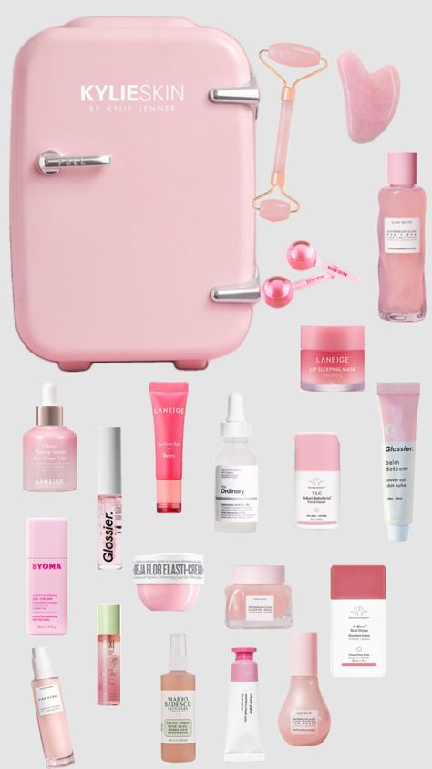 Pink skin care fridge Pink Skin Care, Pink Selfcare, Flawless Skin Routine, Skin Care Fridge, Pink Fridge, Girly Christmas Gifts, Beauty Aesthetic, Pink Skin, Cute Birthday Gift