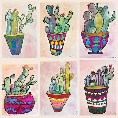 Art Room Britt: Mixed-Media Potted Cactuses Drawing Art Projects, Rodeo Art, Marianne North, Cactus Drawing, Sharpie Markers, Art Camp, Elementary Art Projects, Cactus Art, School Art Projects