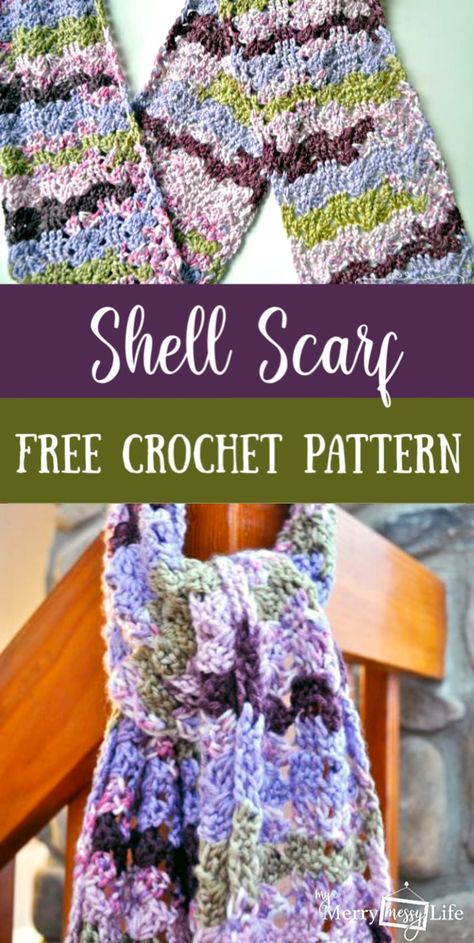 Free Crochet Shell Scarf Pattern using the Double Crochet Shell Stitch via @MerryMessyLife Crochet Shell Scarf, Crochet Shells, Homemade Scarves, Prayer Shawl Crochet Pattern, Scarf Free Pattern, Crochet Christmas Wreath, Messy Life, Crochet Shell, Crochet Shell Stitch