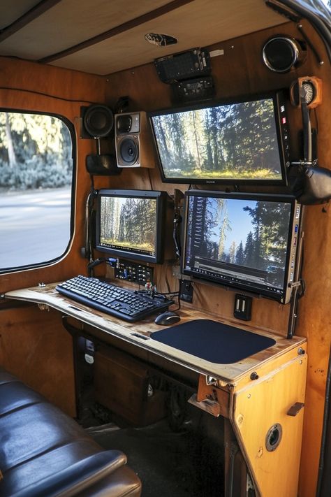 42 Digital Nomad Camper Van Conversion Ideas  Blooming with trends in adaptive lifestyles, an increasing number of modern nomads are swapping traditional living spaces for mobile homes. Are you itching for a taste of wanderlust, filled with a desire to hit the open road while having all creature comforts within arm’s reach? Dive right into our innovative…  Read more: https://tastyinteriors.com/42-digital-nomad-camper-van-conversion-ideas/ Van Living Conversion, Truck Camper Interior, Camper Office, Minivan Conversion, Van Conversion Ideas, Modern Camper, Hippie Camper, Airstream Caravans, School Bus Tiny House