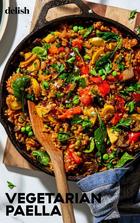 This Vegetarian Paella Is Loaded With All Your Favorite FlavorsDelish Vegetarian Paella Spanish, Spanish Healthy Recipes, Veggie Paella Recipe, Paella Recipe Vegetarian, Vegetarian Paella Recipe, Paella Vegetarian, Veggie Paella, Paella Recipes, Vegetable Paella